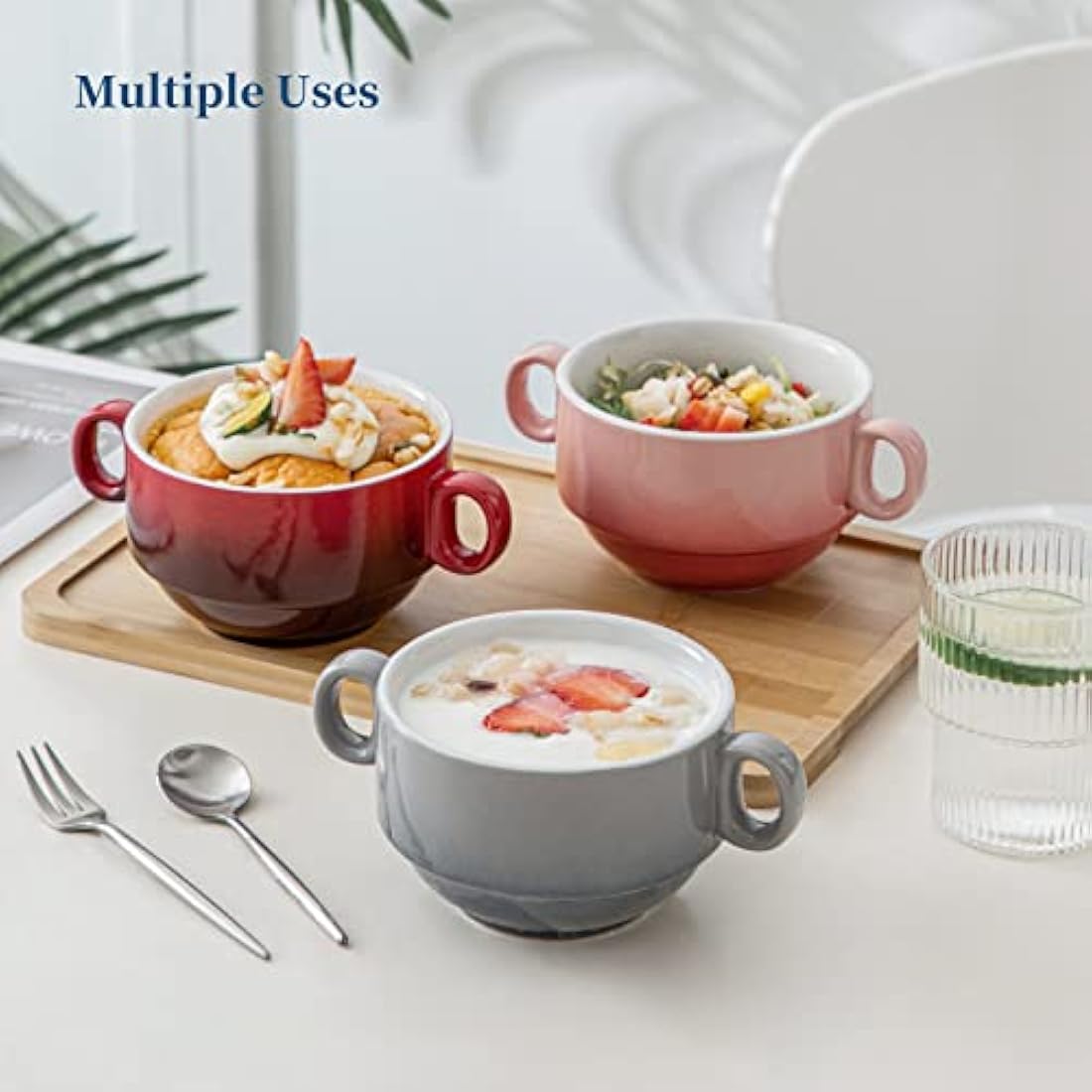 LOVECASA Soup Bowls with Handles 380ml 13 oz, Ceramic French Onion Soup Bowl crocks Oven & Microwave Dishwasher Safe, Porcelain Stackable Handled Bowls Set of 6