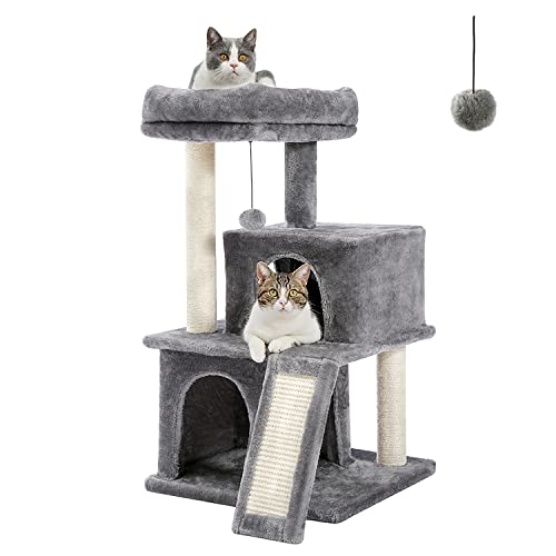 PETEPELA Cat Tree 86cm Cat Tower with Double Condos, Removable Spacious Perch, Fully Wrapped Scratching Sisal Posts, Replaceable Dangling Balls, 35