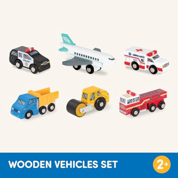 Battat – Miniature Toy Cars – 6 Pieces Wooden Minis – Classic Rescue & Construction Vehicles – Steamroller, Dump Truck – 3+ Years– Wooden Vehicles Set 2
