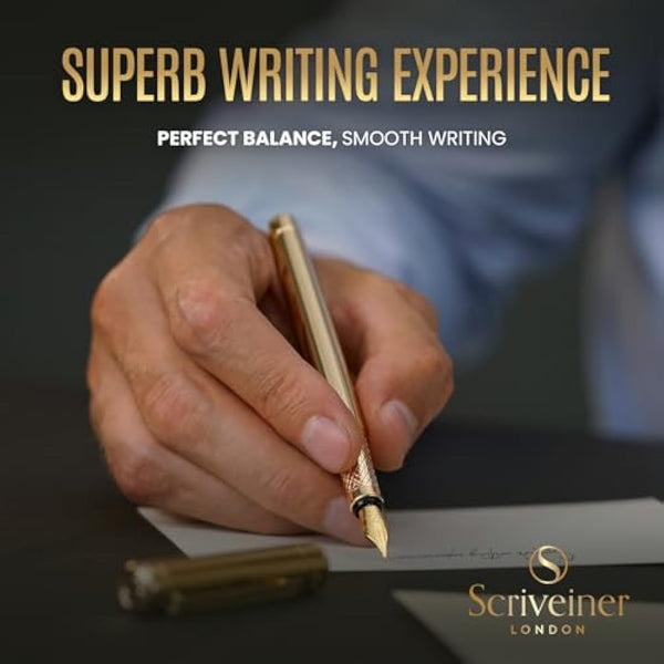 Scriveiner Luxury Fountain Pen - Stunning Gold Pen, Real Gold Plating, Schmidt Gilded Nib (Medium), Converter, Best Pen Gift Set for Men & Women, Professional, Executive, Office, Nice Pens