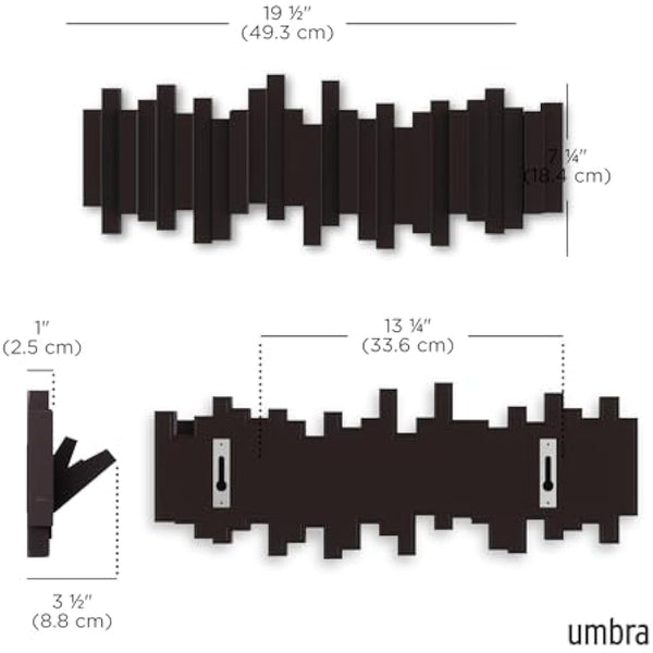 Umbra Sticks Multi Rack – Modern, Unique, Space-Saving Hanger with 5 Flip-Down Hooks for Hanging Coats, Scarves, Purses and More, Espresso, 19-1/2" x 7-1/4" x 1" h