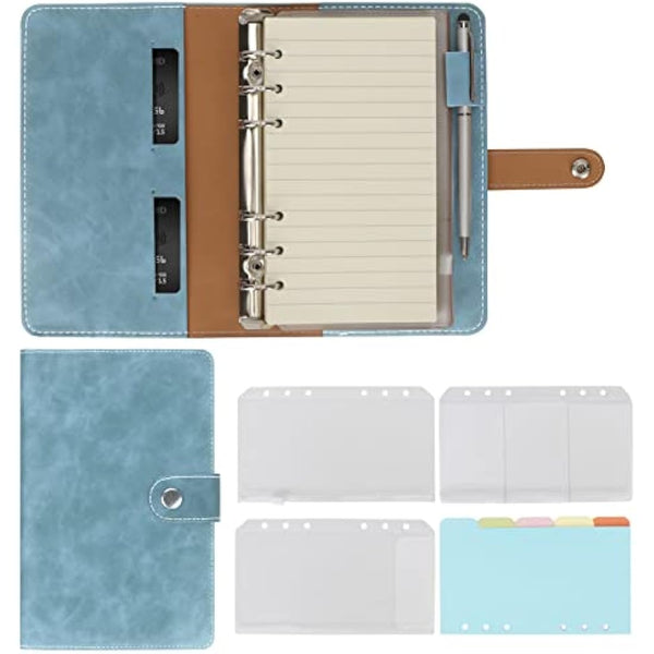 FYY Leather A6 Ring Binder Notebook, 6 Ring Binder with A6 Refill Papers, Binder Pockets and Subject Dividers Paper Sheet, Travel Binder Journal Personal Planner with Ring Binder Cyan