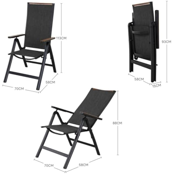 Grand patio folding chair, Aluminium garden chairs set of 2 with Armrest & Mesh breathable Seat, Adjustable 6 Position High Backrest, foldable dining chair for Outdoor, Garden, Dining room (Black)
