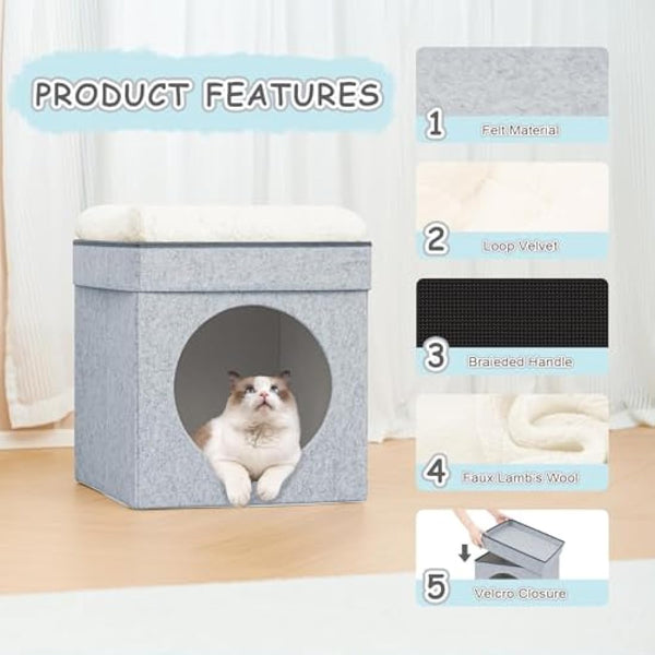 Bonlife Large Cat Beds for Indoor,Felt Pets Tent with Two Move Cushion,Warm Comfortable Semi-Enclosed Foldable Cat Hideaway,Light Grey,45X45X50CM