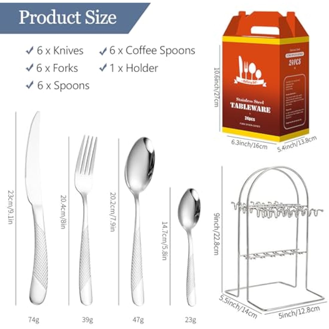 Cutlery Set with Stand, 24 Piece Gold Silverware Set Cutlery Set, Stainless Steel Flatware Set for 6 Person, Mirror Polished Tableware Set with Holder for Home Kitchen (Silver)