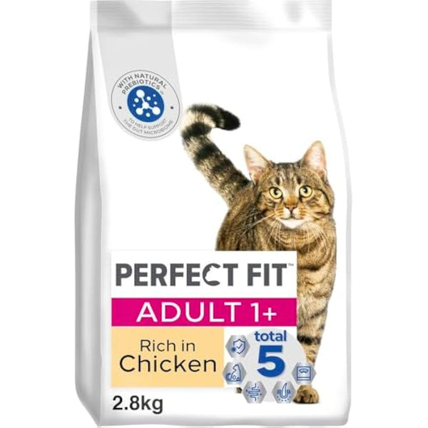 Perfect Fit Adult 1+ Complete Dry Cat Food for Adult Cats Aged 1+ Years, Rich in Chicken, 3 Bags (2.8 kg)