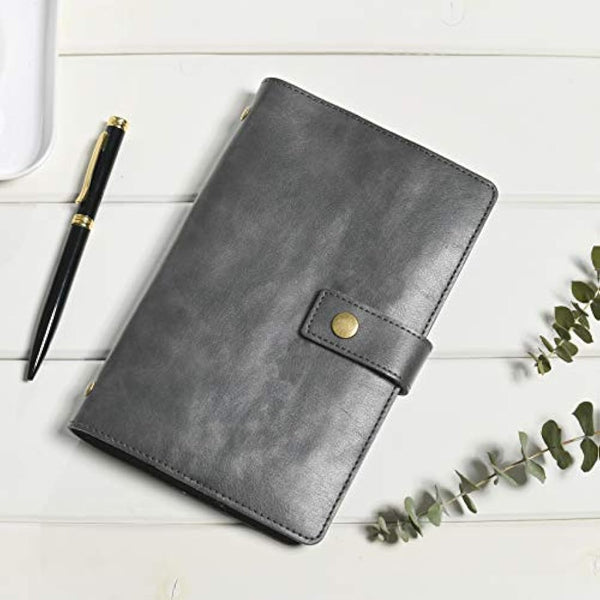 WONDERPOOL A6 Leather Diary Refillable Notebook Spiral Journal Binder Portfolio - Dot Grid Paper & Inner Pockets Organizer for Man and Woman (Grey, A6)