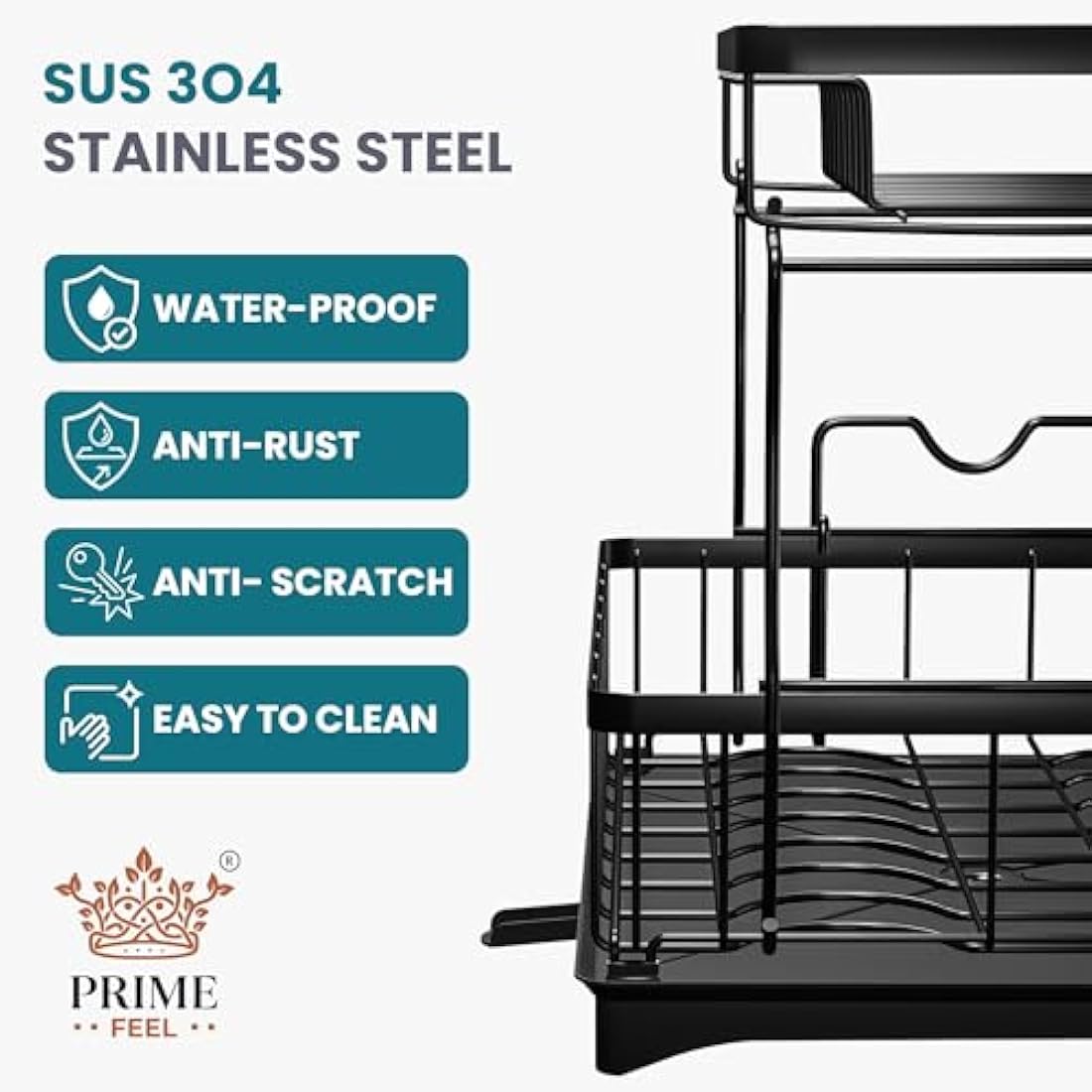 PRIME FEEL 2 Tier Dish Drainer Rack, Rustproof Dish Drying Rack for Kitchen Countertop, Draining Board Rack with Drip Tray, Cutlery Drainer, Glass Holder & Chopping Board Rack, (Black)