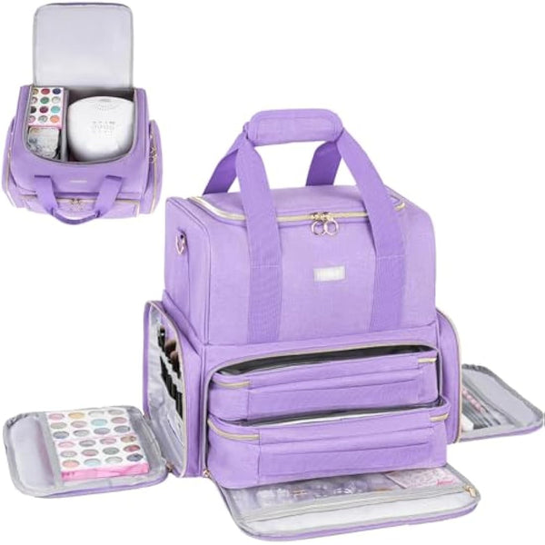 Purple Nail Organiser Case - Double Layer Carrying Bag Holds 80 Bottles - Includes Removable Bags & Nail Lamp