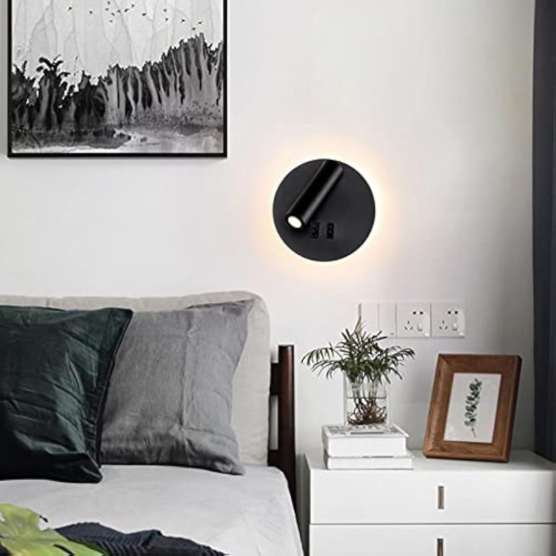 uksunvi LED Wall Mounted Lamp,Bedside Reading Wall Light,12W LED Wall Lamp, Adjustable Spotlight （3W +9W 3000K Warm Light） (Black Round)