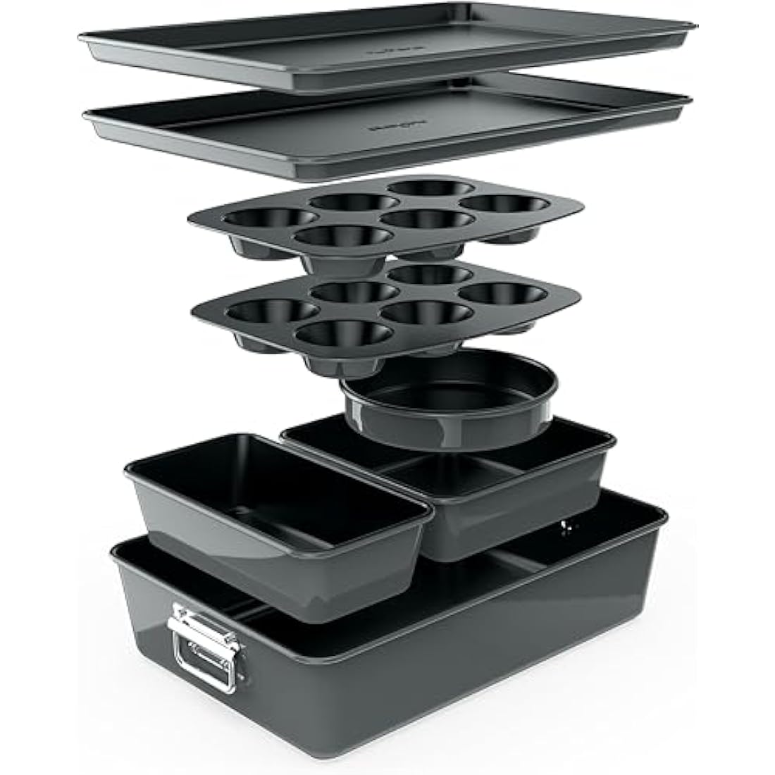 NutriChef Non-Stick Bakeware Set – 8-Piece Stackable Oven-Safe Trays with Cookie Sheet, Loaf Pan, Pizza Pan, Muffin Tin, Cake Tin, Round & Square Pans – Durable & Space-Saving