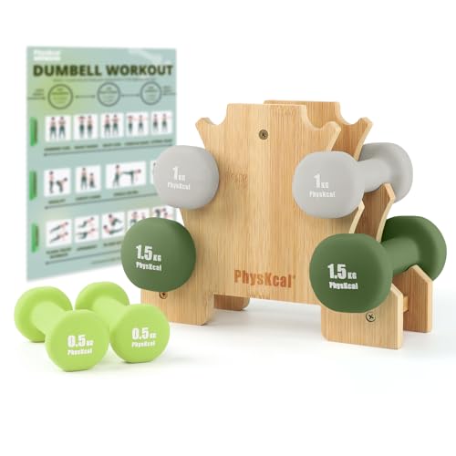 PhysKcal Hex Dumbbells Set of 6 with Stand- 2 x 0.5 kg, 2 x 1 kg, 2 x 1.5 kg, Hand Weights Set for Ladies, Kids, Beginners, Light Small Dumbbells Set