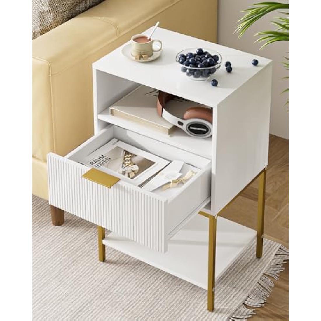 HEYZOEY Bedside Table, Small Bedside Cabinet with Drawer and Storage Shelf, 25.4" H Tall Nightstand End Sofa Side Table with Gold Frame for Bedroom, Living Room, White