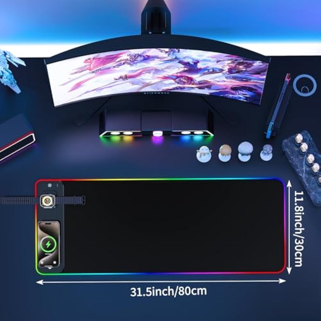 GIM Wireless Charging RGB Gaming Mouse Pad 15W, LED Mouse Mat 800x300x4MM, 10 Light Modes Extra Large Mousepad Non-Slip Rubber Base Computer Keyboard Mat for Gaming (Double Magnetic-Black)