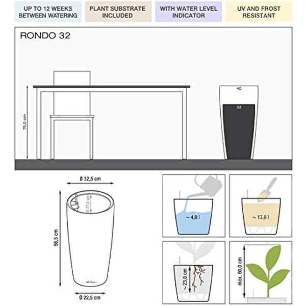 Lechuza RONDO 32 Self Watering Planter Large Plastic Indoor and Outdoor Plant Pot with Drainage Hole D32 H56 cm White High-Gloss