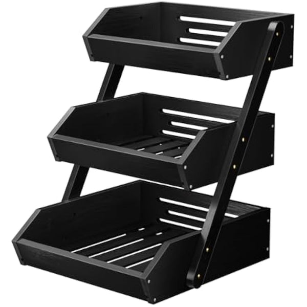 CALM COZY Bamboo Fruit Basket, 3-Tier Fruit Rack Holder Organiser for Countertop, Decorative Fruit Bowl Vegetables Bread Storage Stand for Kitchen, Black