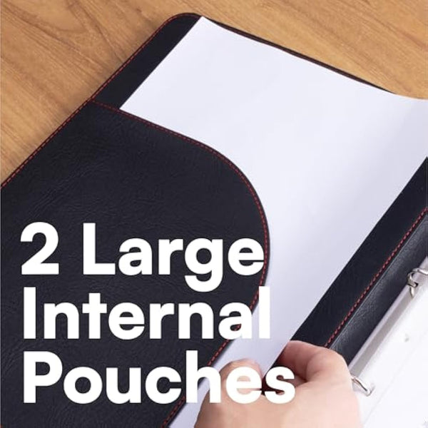 H&S A4 Portfolio Folder with Ring Binder Mechanism - with 40 Plastic A4 Document Pockets - Black Faux Leather Conference Folder