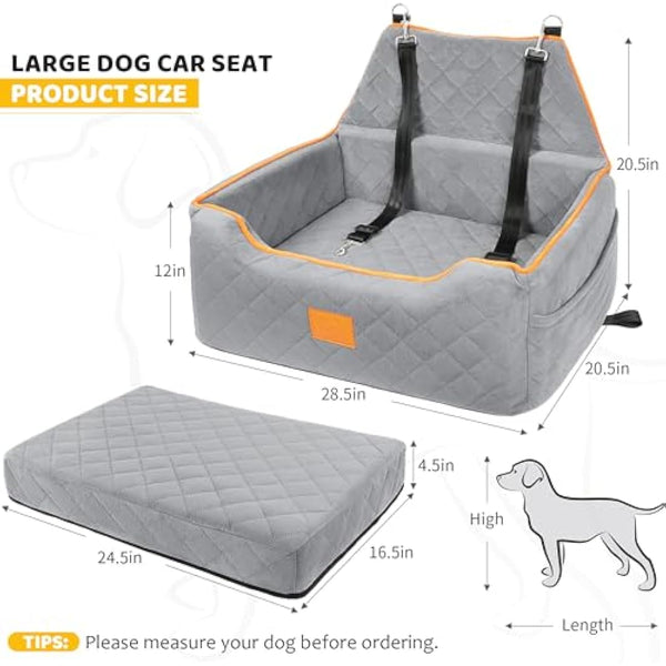 GL GLENSLAVE Dog Car Seat for Large/Medium Dogs, Dog Booster Seat for Pet Under 55Lbs or 2 Small, Detachable and Washable Travel Pet Bed with Thick Cushion and Storage Pockets (Grey)