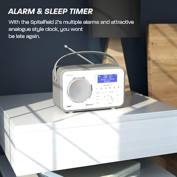 DAB/DAB+ & FM Portable Digital Radio | Leather Design | Bluetooth | Rechargeable Battery | Dual Alarms & Sleep Timer | Perfect for Home, Office or Outdoors | AZATOM Spitalfields 2 (Grey)