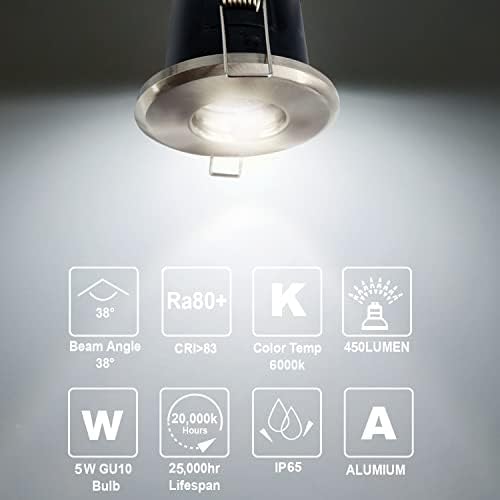 4XSweier 90 Min Fire Rated Downlight,5W 6000K Cool White Waterproof IP65 LED Recessed Ceiling Lights, 230V GU10 Die-Cast Aluminium Spotlight Satin Nickel,(Non-dimmable)