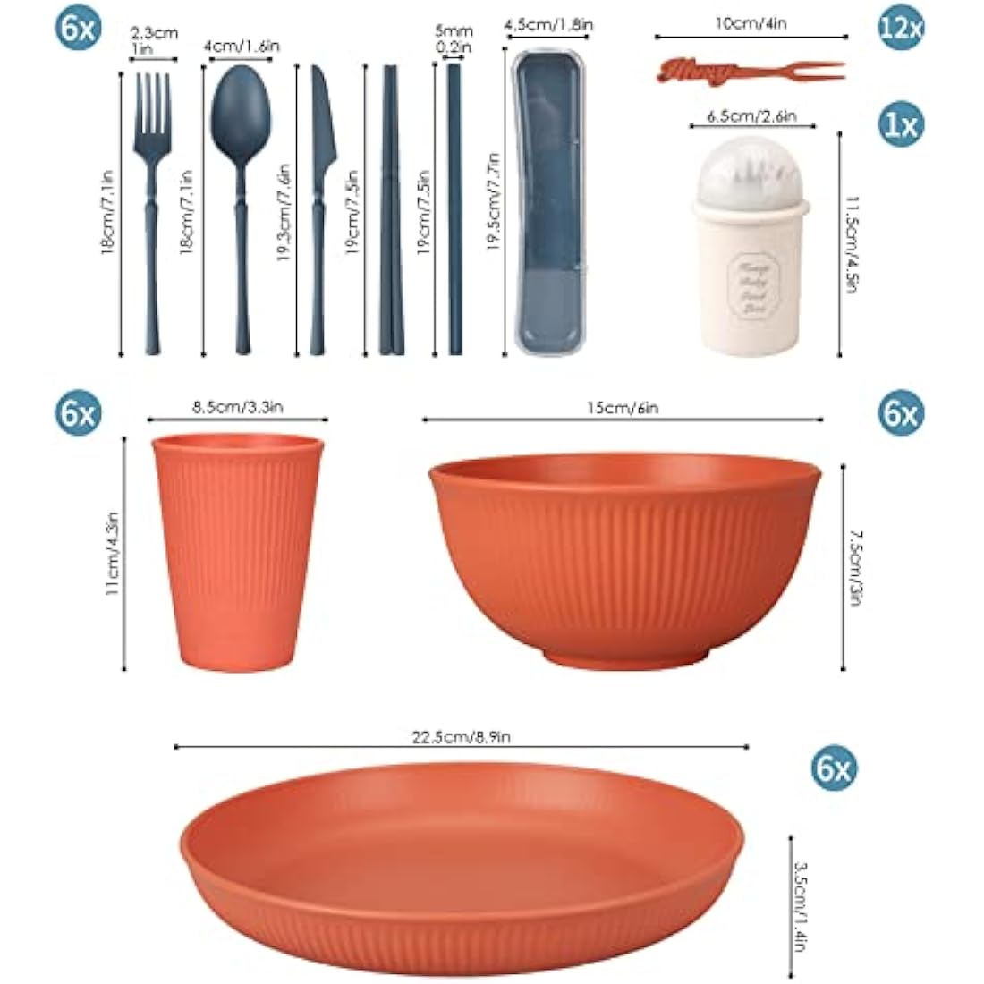 66pcs Unbreakable Tableware Sets for 6 People, Plastic Plates and Bowls Set,Lightweight Colorful Plastic Camping Plates, Bowls, Cups,Cutlery Set, Straw, Forks,Children Dinnerware Set