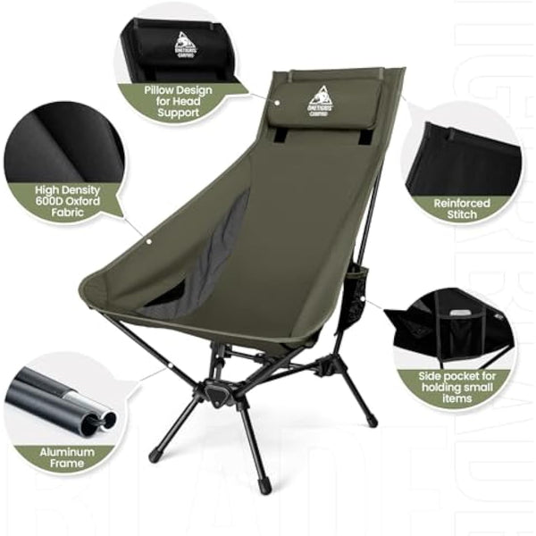 OneTigris Tigerblade High Back Camping Chair with Pillow Design, Comfortable Widened Seat Folding Chair