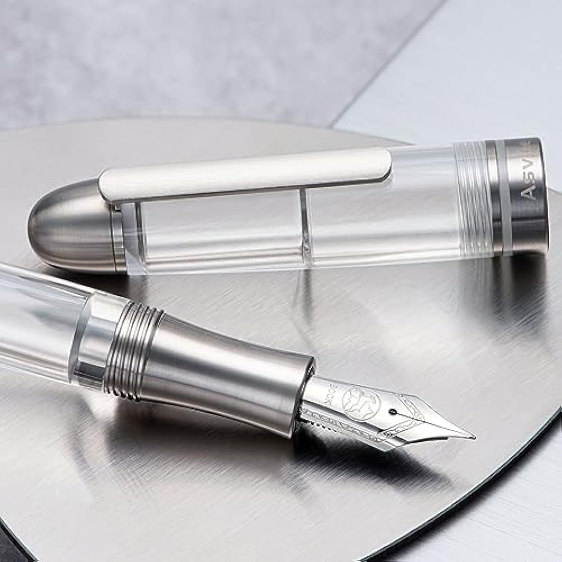 Asvine P36 Titanium Fountain Pen Piston Filling, Bock Medium Nib Clear Transparent Acrylic Smooth Writing Pen Case Set, Torpedo shape