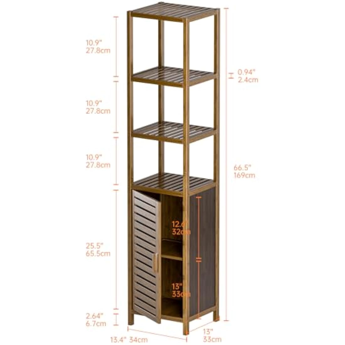 HITNET Bathroom Storage Cabinet Bamboo, Tall Narrow Space Saver Organizer Floor Standing for Kitchen, 4 Open Shelves and 1 Cupboard with Door, Walnut