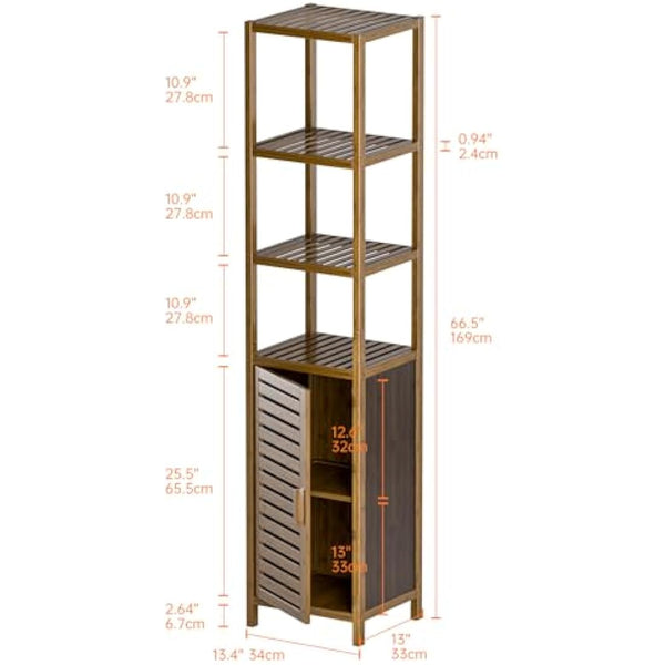 HITNET Bathroom Storage Cabinet Bamboo, Tall Narrow Space Saver Organizer Floor Standing for Kitchen, 4 Open Shelves and 1 Cupboard with Door, Walnut