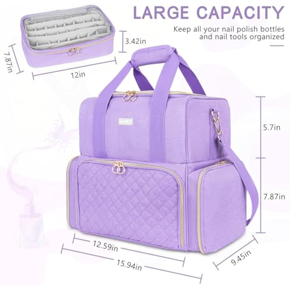 Purple Nail Organiser Case - Double Layer Carrying Bag Holds 80 Bottles - Includes Removable Bags & Nail Lamp