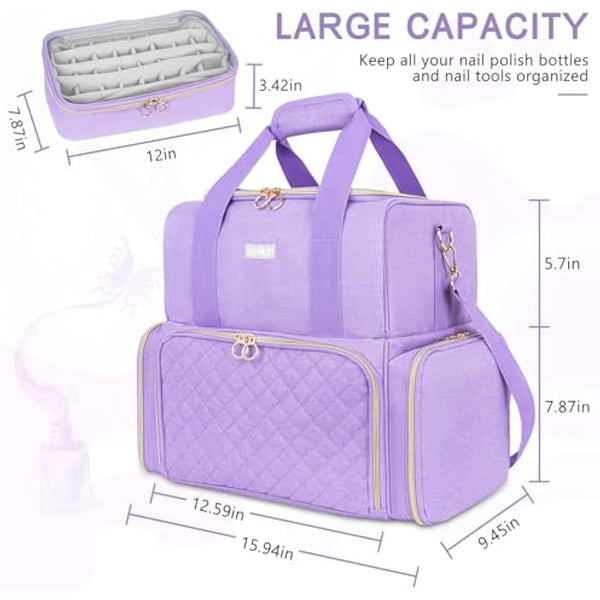 Purple Nail Organiser Case - Double Layer Carrying Bag Holds 80 Bottles - Includes Removable Bags & Nail Lamp