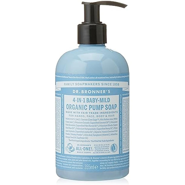 Dr Bronner’s 4-in-1 Organic Unscented Baby Sugar Soap, Made with Organic Oils, Sugar and Shikakai Powder, For Hands, Body, Face & Hair, Fair Trade Certified & Vegan Friendly, 335ml Recycled Pump Bottle