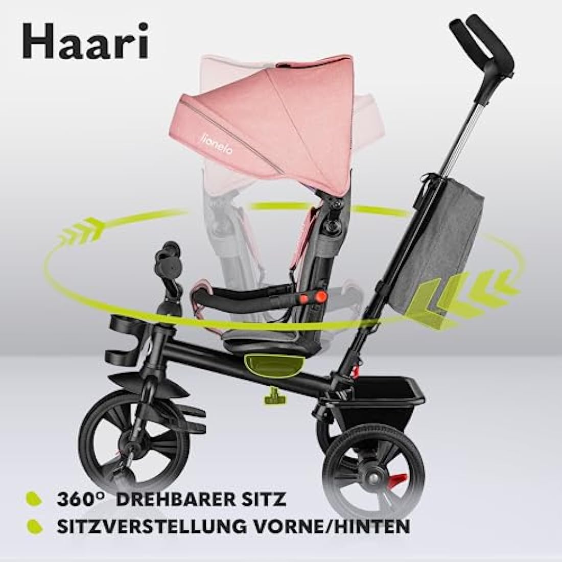 LIONELO Haari 2in1 Kids Tricycle Stroller for toddlers 1-5 Years Up to 25kg Parent steering control Swivel seat Three wheeler Bike Harness Canopy Basket Cup Holder Robust frame Durable wheels
