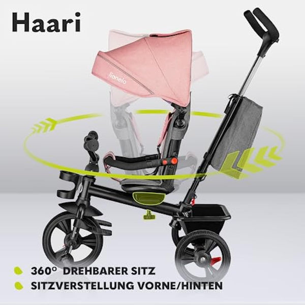 LIONELO Haari 2in1 Kids Tricycle Stroller for toddlers 1-5 Years Up to 25kg Parent steering control Swivel seat Three wheeler Bike Harness Canopy Basket Cup Holder Robust frame Durable wheels