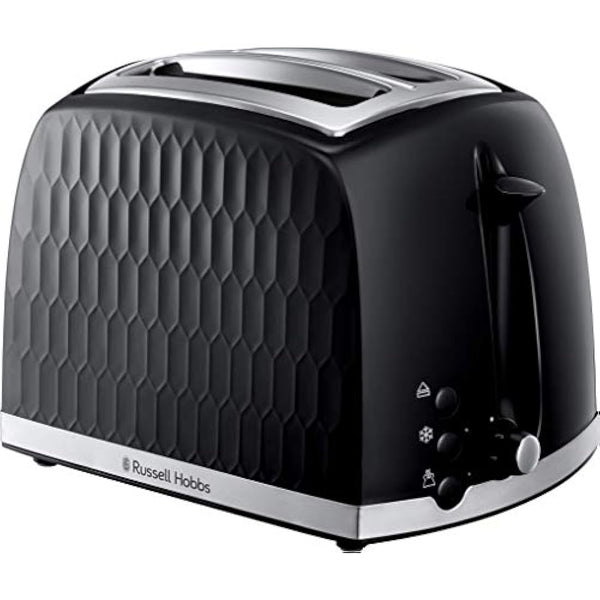 Russell Hobbs Honeycomb 2 Slice Toaster (Extra wide slots, High lift feature, 6 Browning levels, Frozen/Cancel/Reheat function, Removable crumb tray, 850W, Black, Textured high gloss) 26061