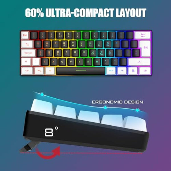 RedThunder 60% RGB Gaming Keyboard and Mouse Combo,UK Layout Ultra Compact Backlit Mini Keyboard, Lightweight 7200 DPI Cellular Optical Mouse, Portable Wired Gaming Set for PC PS5 Gamers (Black-White)