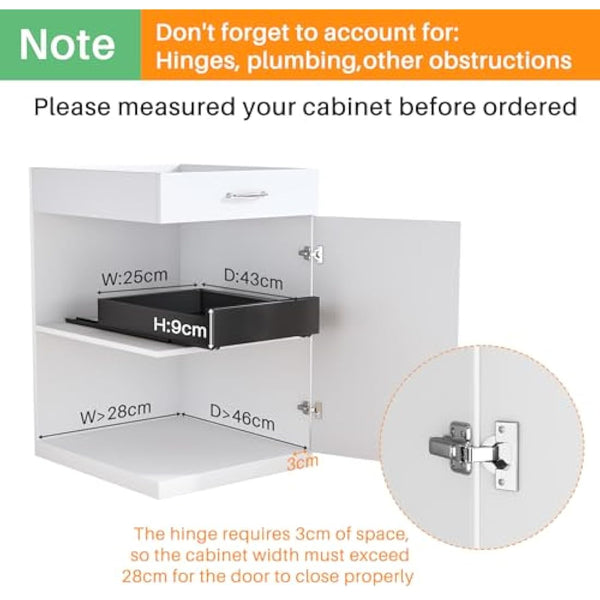 SAYZH Pull Out Cabinet Organiser, Heavy Duty Slide Out Drawer Storage Shelves for Kitchen Cupboard, Extendable Sliding Drawer(43 CM Depth x 25 CM Width x 9CM Height), No Need Drill(Black)