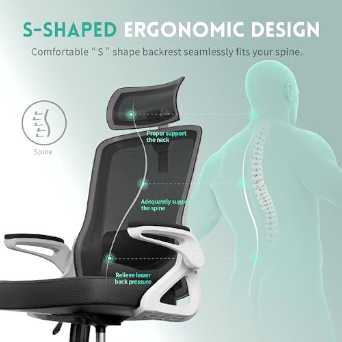 Ergonomic Office Chair, S-Shaped Mesh Desk Chairs, Adjustable Headrest & Lumbar Support, 90°Flip-Up Armrest, Breathable High Back & Widened Cushion, Swivel Computer Chair for Home/Study/Office