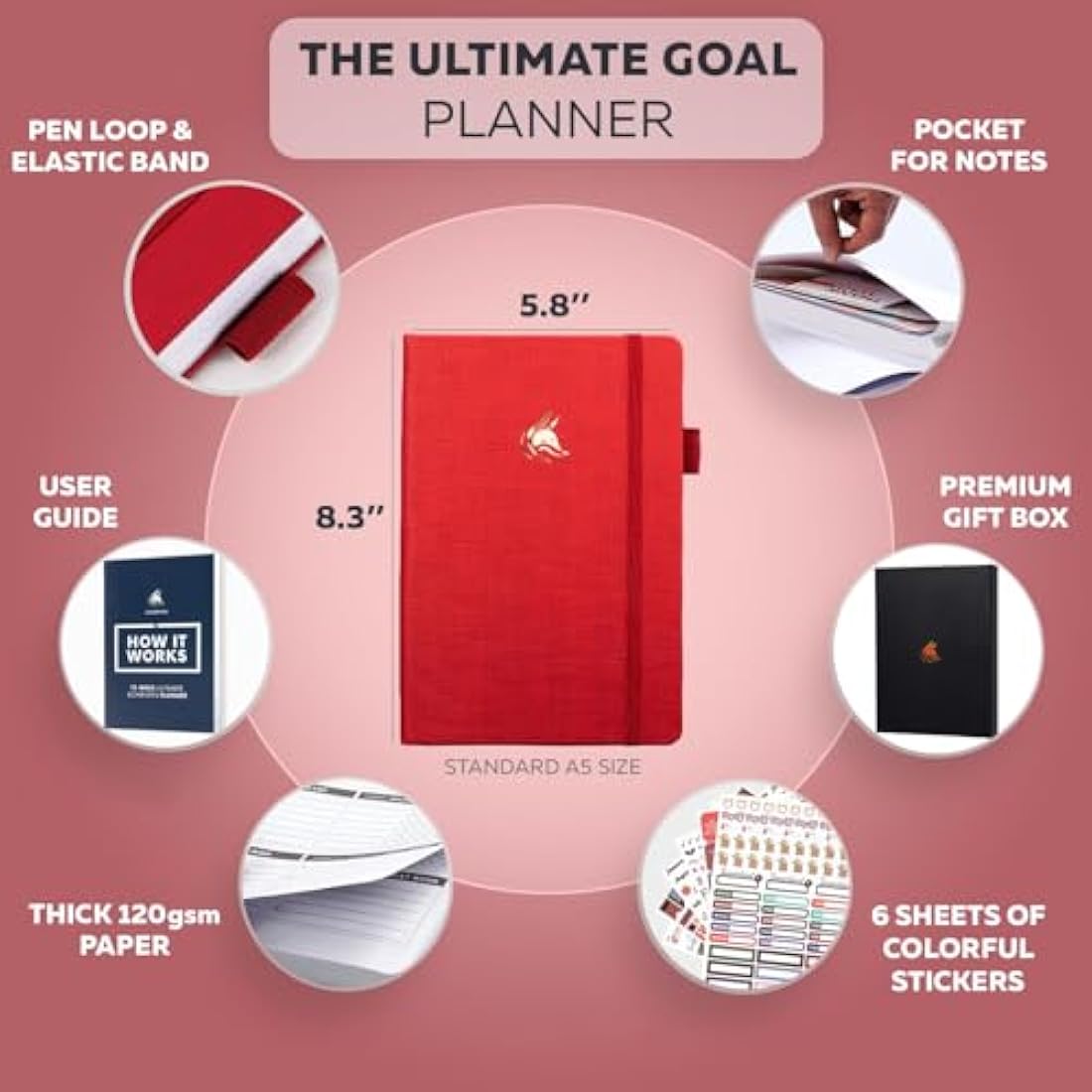 Clever Fox Ultimate Achiever’s Goal Planner - Focus & Productivity 90 Day Journal. Daily Weekly Monthly Planner Organizer & Hourly Schedule Notebook - Undated, Hardcover, A5 Size, Ruby Red