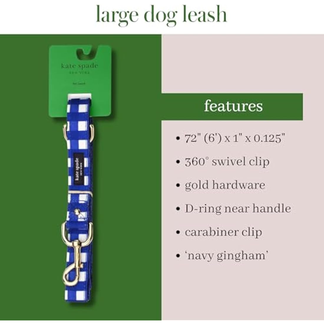 Kate Spade New York 6ft Dog Leash, Heavy Duty Leash for Female or Male Dogs, Cute Pet Leash with Gold Metal Hardware, Long Dog Lead for Medium and Large Breeds (Navy Gingham)