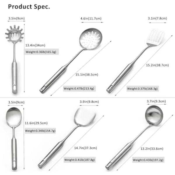 304 18/8 Stainless Steel Kitchen Utensils Set 6 Pcs 38cm Long Cooking Utensil, Spatula, Soup Spoon, Leaking Shovel, Turner, Pasta Server Kitchen Tools Set
