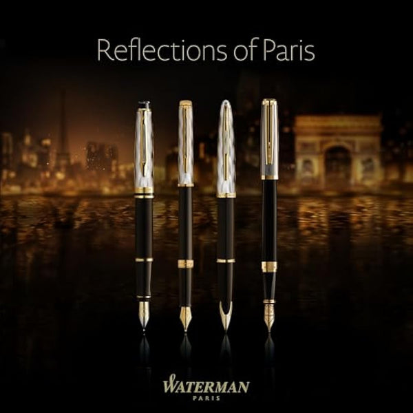 Waterman Expert | Rollerball Pen | Metal & Black Lacquer with Gold trim & Chiselled cap | Fine tip | Black Ink | Gift Box