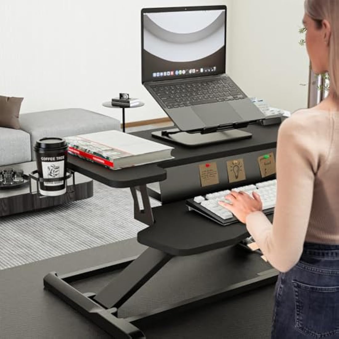 PUTORSEN Standing Desk Converter, 37'' Dual Tiered Sit-Stand Desk Riser with Keyboard Tray, Height Adjustable Computer Workstation with Cup Holder and Note Board up to 15kg, Black