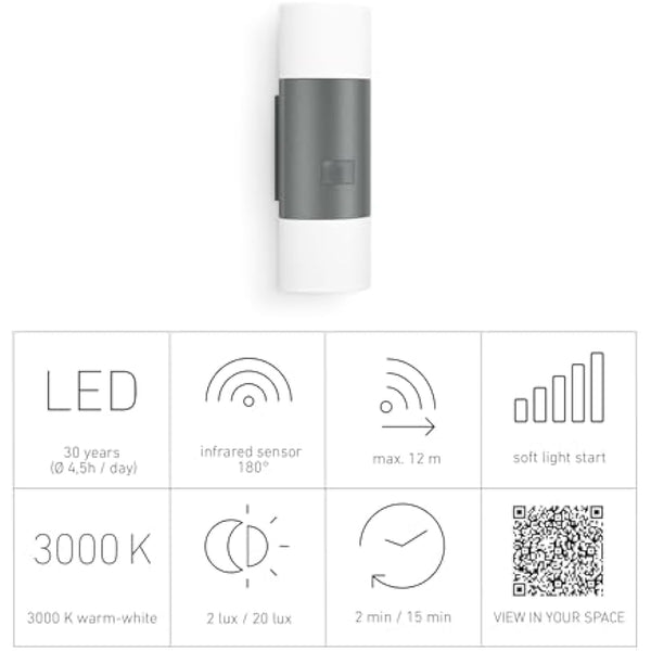 Steinel Outdoor Wall Light L 910 S Anthracite, 9.8 Watts 797 lm, Up Down Motion Sensor Light with 180° Motion Detector, 12 m Range, Continuous Soft Light