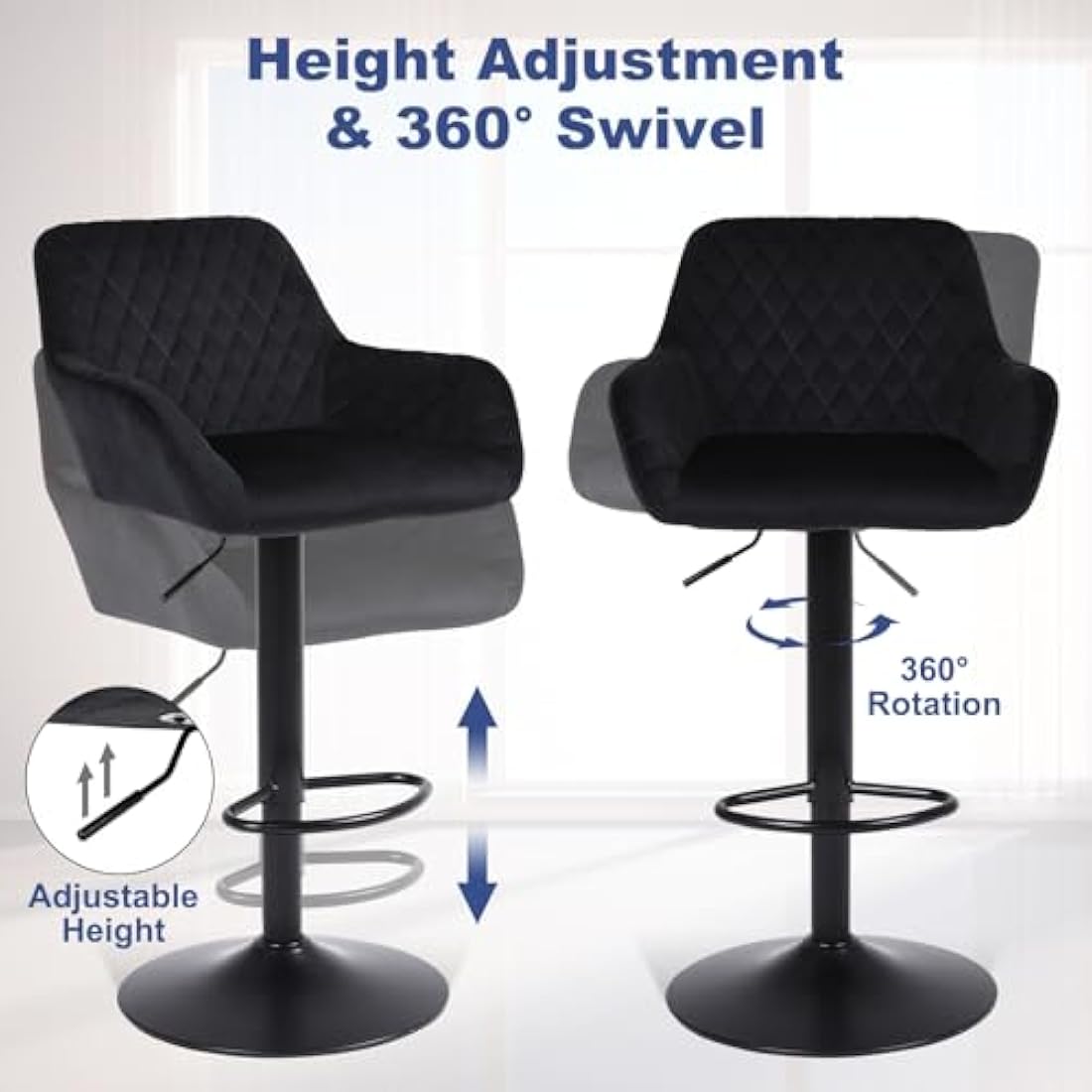 ralex-chair Bar Stools Set of 2, Height Adjustable Velvet Fabric Swivel Barstool Bar Chairs, Breakfast Dining Stools With Backrest and Armrest for Bar, Counter and Kitchen,Black