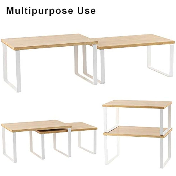 4-Pack Bamboo Kitchen Shelf Organizer for Cabinet, Expandable & Stackable Counter Cupboard Organiser, Storage Rack for Bathroom, Kitchen, Laundry Room White