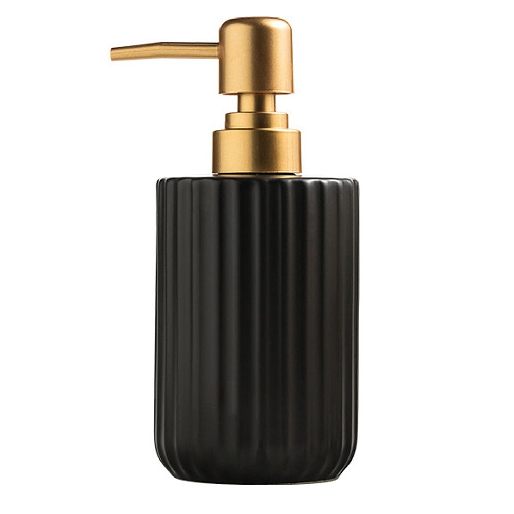 Chic Cylinder-Shaped Soap Dispenser, Vertical Stripe Design with Gold Pump, Ceramic Lotion Dispenser(Black)