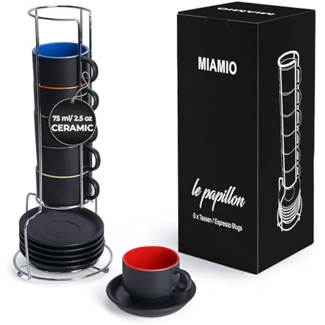 MIAMIO - 75 ml Espresso Cup Set with Saucers Coffee Mug Set of 6 - Ceramic Coffee Mug Stackable Espresso Mug with Stand for Coffee Drinks, Latte, Cafe Mocha - Le Papillon Collection (Mixed)