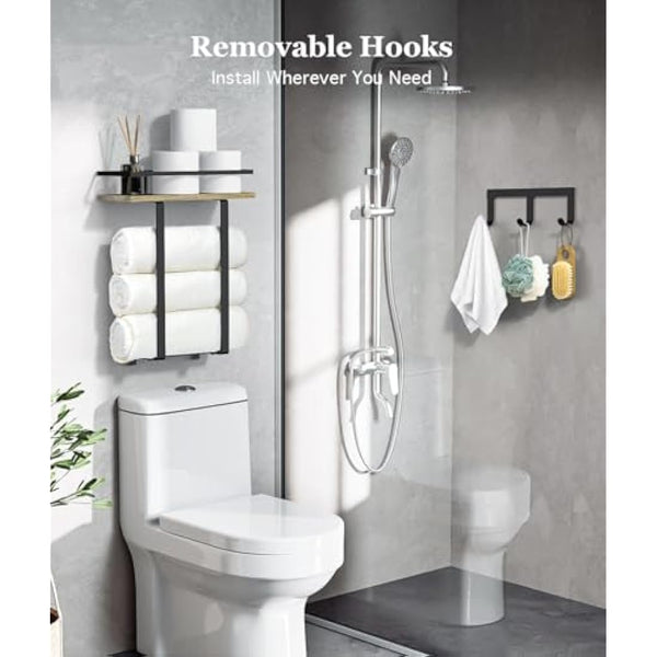 Luxspire Towel Racks Wall Mounted for Bathroom, Towel Holder Wall Mounted with Wooden Floating Shelf & 3 Metal Hooks, Rolled Bath Towel and Hand Towel Rack for Bathroom, Rustic Wooden