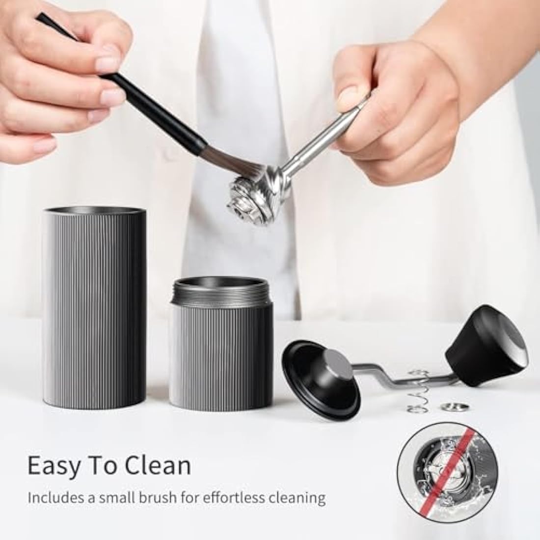 ELMWAY Manual Coffee Grinder – Stainless Steel Burr & Shaft, Dual Bearings, Lightweight Aluminium Body & Handle, Adjustable Grind, ABS Support Frame, Travel Pouch – Silver